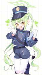 Rule 34 | 1girl, absurdres, black footwear, black hat, black jacket, black shorts, black tail, blue archive, blush, boots, demon tail, earrings, fang, gloves, green hair, green halo, halo, hat, heart, highres, jacket, jewelry, kneeling, long hair, long sleeves, looking at viewer, nozomi (blue archive), open mouth, pantyhose, peaked cap, pointy ears, revision, shishiodoshi, shorts, single earring, skin fang, smile, solo, tail, twintails, white gloves, white pantyhose, yellow eyes