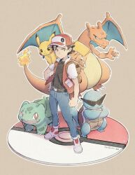 Rule 34 | 1boy, absurdres, backpack, bag, belt, belt buckle, brown bag, buckle, bulbasaur, charizard, clenched hand, closed mouth, commentary, creatures (company), dukehooverart, game freak, gen 1 pokemon, hand on own hip, hat, highres, jacket, male focus, nintendo, open clothes, open jacket, outline, pants, pikachu, pokemon, pokemon (creature), pokemon rgby, red (pokemon), red headwear, shirt, shoes, short hair, squirtle, squirtle squad, standing, white footwear