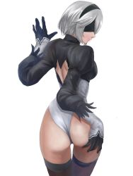 Rule 34 | 1girl, android, ass, back cutout, blindfold, clothing cutout, covered eyes, feather-trimmed sleeves, from behind, gloves, hand on own ass, juliet sleeves, leotard, long sleeves, looking back, medium sleeves, nier:automata, nier (series), porschetiger, puffy sleeves, short hair, silver hair, simple background, thighhighs, white background, white leotard, 2b (nier:automata)