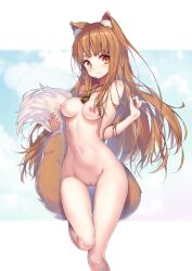 Rule 34 | 1girl, absurdres, animal ears, breasts, brown hair, completely nude, highres, holo, hong (white spider), long hair, looking at viewer, medium breasts, midriff, nipples, nude, orange eyes, pussy, smile, solo, spice and wolf, tail, thigh gap, wolf ears, wolf girl, wolf tail
