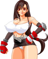 Rule 34 | 1990s (style), 1girl, belt, black hair, breasts, cameltoe, cleavage, clenched hand, covered erect nipples, earrings, final fantasy, final fantasy vii, gloves, hand on own hip, hip focus, jewelry, large breasts, lipstick, long hair, looking at viewer, lowres, makeup, materia, pixel art, ponytail, red eyes, retro artstyle, simple background, skirt, smile, solo, standing, suspenders, thighs, thong, tifa lockhart, underwear, warner
