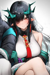 Rule 34 | 1girl, 1other, absurdres, ambiguous gender, arknights, arm rest, arm support, arm under breasts, armpit crease, bare shoulders, bead bracelet, beads, between breasts, black hair, black hood, black jacket, blush, bracelet, breast press, breasts, china dress, chinese clothes, cleavage, cleavage cutout, closed mouth, clothes grab, clothing cutout, collarbone, collared dress, colored skin, commentary request, covered collarbone, crossed legs, doctor (arknights), dragon girl, dragon horns, dragon tail, dress, dusk (arknights), earrings, embarrassed, eyelashes, feet out of frame, flying sweatdrops, gradient background, green hair, green horns, green skin, grey background, hair flowing over, hair ornament, hair over one eye, high collar, highres, hood, hood up, hooded jacket, horns, jacket, jacket grab, jewelry, knees, large breasts, leaning, leaning on person, light smile, lips, long bangs, long hair, long shirt, long sleeves, looking at viewer, multicolored hair, multicolored skin, multiple horns, necktie, necktie between breasts, open clothes, open jacket, orange eyes, parted bangs, pointy ears, red necktie, shadow, shirt, short dress, sidelocks, sitting, sleeve grab, sleeveless, sleeveless dress, solo focus, straight hair, streaked hair, tab head, tail, tail wrap, tassel, tassel earrings, thighs, triangle hair ornament, two-tone hair, unworn jacket, white dress, white shirt, white tail, wing collar