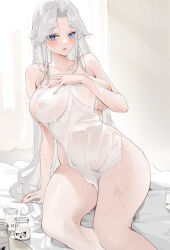 Rule 34 | 1girl, absurdres, azur lane, bare shoulders, blue eyes, blush, bottle, breasts, covered erect nipples, highres, large breasts, long hair, looking at viewer, milk bottle, naked towel, navel, parted lips, sitting, solo, sweat, tears, towel, very long hair, white hair, yorktown (azur lane), yorktown ii (azur lane), zhudouzi