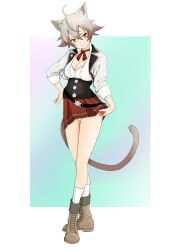 Rule 34 | 1girl, absurdres, animal ears, black corset, blue panties, boots, breasts, brown footwear, brown hair, cat ears, cat tail, cleavage, clothes lift, corset, fang, full body, hand on own hip, highres, jacket, large breasts, lifting own clothes, looking at viewer, mushoku tensei, panties, panty peek, ranoa magic academy school uniform, red eyes, red skirt, rinia dedoldia, rora (user vgpk4444), school uniform, shirt, short hair, simple background, skirt, skirt lift, sleeves rolled up, slit pupils, socks, solo, tail, underwear, white jacket, white shirt, white socks