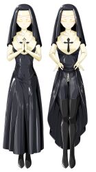 Rule 34 | 1girl, absurdres, black bodysuit, bodysuit, chastity belt, closed eyes, clothes lift, colored eyelashes, commentary request, cross print, dress, dress lift, full body, habit, highres, latex, latex bodysuit, nun, original, own hands together, shiny clothes, skin tight, smile, standing, tamakko, thighhighs, variations, white background