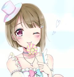 Rule 34 | 1girl, ;), ;p, aqua bow, arm garter, artist name, artist request, bare shoulders, blush, bow, bowtie, breasts, brown hair, candy, candy hair ornament, collarbone, dress, facial mark, female focus, food, food-themed hair ornament, frilled dress, frills, grey hair, hair ornament, hairclip, hat, heart, heart hair ornament, holding, holding candy, holding food, holding lollipop, light brown hair, lollipop, looking at viewer, love live!, love live! nijigasaki high school idol club, mini hat, mini top hat, nakasu kasumi, one eye closed, parted lips, pink bow, pink eyes, polka dot, polka dot bow, puffy short sleeves, puffy sleeves, purple eyes, short hair, short sleeves, smile, solo, tongue, tongue out, top hat, upper body, white background, white dress, white hat, wink