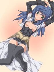 Rule 34 | 1girl, arms up, blue hair, blush, breasts, feet, fingerless gloves, gloves, green eyes, grey panties, koku, long hair, maria traydor, miniskirt, no bra, open clothes, panties, skirt, small breasts, solo, star ocean, star ocean till the end of time, thighhighs, toes, underwear, zettai ryouiki