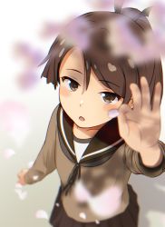 Rule 34 | 1girl, blurry, blush, brown eyes, brown hair, brown sailor collar, brown skirt, cherry blossoms, depth of field, from above, highres, kantai collection, long sleeves, open mouth, petals, pleated skirt, ponytail, sailor collar, school uniform, serafuku, shiki no miko, shikinami (kancolle), short hair, skirt, solo, upper body