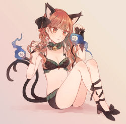 Rule 34 | 1girl, :3, adapted costume, animal ears, bikini, black nails, blue fire, blunt bangs, braid, cat ears, cat tail, closed mouth, extra ears, fire, floating skull, full body, hands up, highres, hitodama, holding, holding hair, kaenbyou rin, knees up, light blush, light smile, mozukuzu (manukedori), multiple tails, nail polish, navel, nekomata, pink background, red eyes, red hair, simple background, sitting, solo, swimsuit, tail, touhou, twin braids, twintails, two tails, underwear, underwear only