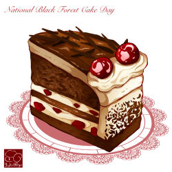 Rule 34 | artist logo, cake, cake slice, cherry, food, food focus, food name, fruit, highres, no humans, original, yuki00yo