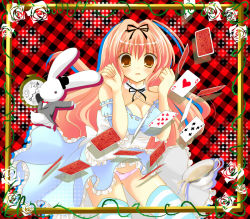 Rule 34 | 1girl, alice (alice in wonderland), alice in wonderland, bad id, bad pixiv id, blush, bow, bow panties, breasts, brown eyes, card, choker, cleavage, clothes lift, dress, dress lift, floating card, flower, hair ribbon, kino (kino konomi), kino konomi, large breasts, original, panties, pantyshot, pink hair, plaid, plant, playing card, rabbit, ribbon, skirt, skirt flip, solo, spill, striped clothes, striped thighhighs, thighhighs, underwear, vines, wavy mouth, white rabbit (alice in wonderland)