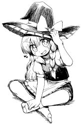 Rule 34 | 1girl, apron, blush, bow, braid, commentary request, dokan (dkn), frilled apron, frills, full body, greyscale, hair bow, hand on headwear, hat, hat bow, highres, indian style, kirisame marisa, long hair, looking at viewer, monochrome, notice lines, open mouth, puffy short sleeves, puffy sleeves, shirt, short sleeves, simple background, single braid, sitting, skirt, smile, socks, solo, touhou, v-shaped eyebrows, vest, waist apron, witch hat