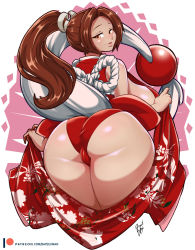 Rule 34 | 1girl, ass, ass focus, bare shoulders, bayeuxman, blush, breasts, brown eyes, brown hair, cleft of venus, fatal fury, female focus, from behind, hair ornament, huge ass, japanese clothes, kimono, large breasts, leotard, leotard under clothes, long hair, looking at viewer, naughty face, ninja, obi, parted lips, plump, ponytail, red kimono, red leotard, revealing clothes, sash, shiny skin, shiranui mai, signature, smile, solo, the king of fighters, wide hips