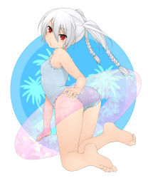 Rule 34 | 1girl, albino, ass, bad id, bad pixiv id, barefoot, braid, casual one-piece swimsuit, feet, foot focus, frilled swimsuit, frills, innertube, kneeling, kochiya (gothope), looking back, one-piece swimsuit, red eyes, short hair, soles, solo, swim ring, swimsuit, tales of (series), tales of pixiv, toes, trefoil, twin braids, white hair
