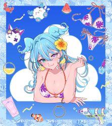 &gt;_&lt; 1girl :d aqua_eyes aqua_nails arm_under_breasts bikini blue_hair blush bracelet breasts cleavage cloud clownfish commission cosmetics crab cross-shaped_pupils earrings elira_pendora fang fish flower food food-themed_earrings food_themed_earrings fruit hair_flower hair_ornament hand_in_own_hair head_wings heterochromia highres jewelry large_breasts lemon_earrings long_hair looking_at_viewer lotion mole mole_on_armpit mugimugigo nail_polish nail_polish_bottle nijisanji nijisanji_en open_mouth pikl_(elira_pendora) pink_pupils ring skin_fang smile sunscreen swimsuit symbol-shaped_pupils virtual_youtuber water_gun watermelon watermelon_slice weewa_(elira_pendora) white_eyes wings xd