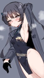 Rule 34 | 1girl, armpits, black gloves, black hair, blue archive, blush, breasts, butterfly hair ornament, china dress, chinese clothes, cowboy shot, dragon print, dress, gloves, grey eyes, hair ornament, highres, jacket, kisaki (blue archive), long hair, looking at viewer, presenting armpit, rayno, simple background, small breasts, solo, steam, striped clothes, striped jacket, sweat, thighs, vertical-striped clothes, vertical-striped jacket