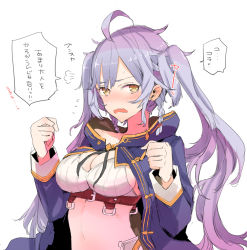 Rule 34 | 10s, 1girl, ahoge, alternate hairstyle, bad id, bad pixiv id, belt, blue cape, blush, braid, breasts, cape, cleavage, clenched hand, crop top, granblue fantasy, jacket, large breasts, long hair, long sleeves, looking at viewer, midriff, open mouth, sideboob, silva (granblue fantasy), silver hair, simple background, solo, tajima ryuushi, translation request, twin braids, twintails, upper body, wavy hair, wavy mouth, white background, yellow eyes