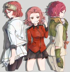 Rule 34 | 10s, 3girls, arm behind back, black legwear, black shirt, black skirt, brown eyes, color connection, cosplay, cropped legs, crossover, cup, from side, girls und panzer, gloves, goggles, goggles on head, grin, highres, holding, jacket, koutetsujou no kabaneri, long sleeves, look-alike, looking at viewer, military, military uniform, minase koito, minase koito (cosplay), miniskirt, multiple crossover, multiple girls, musaigen no phantom world, open clothes, open jacket, pantyhose, parted bangs, pleated skirt, red eyes, red hair, red jacket, rlin, rosehip (girls und panzer), shadow, shirt, short hair, sketch, skirt, sleeves rolled up, smile, spilling, standing, tea, teacup, trait connection, uniform, white jacket, white skirt, wrench, yukina (kabaneri), yukina (kabaneri) (cosplay)