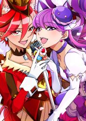 Rule 34 | 10s, 2girls, :d, animal ears, breasts, cat ears, choker, cleavage, cure chocolat, cure macaron, dog ears, earrings, elbow gloves, extra ears, food-themed hair ornament, gloves, hair ornament, hat, jewelry, kenjou akira, kirakira precure a la mode, kotozume yukari, long hair, looking at viewer, macaron hair ornament, magical girl, microphone, multiple girls, open mouth, precure, purple eyes, purple hair, red eyes, red hair, sayvi, short hair, small breasts, smile, white gloves