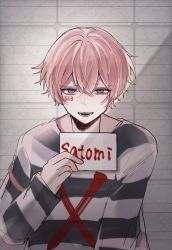 Rule 34 | 1boy, black shirt, character name, grey background, highres, male focus, mugshot, number tattoo, open mouth, pink hair, prison, prison clothes, purple eyes, rapis box, satomi (stpri), shirt, short hair, smile, solo, strawberry prince, striped clothes, striped shirt, tattoo, white shirt