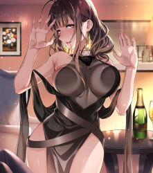 Rule 34 | 1girl, :d, against glass, ahoge, bare shoulders, blunt bangs, blush, breast press, breasts, breasts on glass, brown hair, dress, dsr-50 (girls&#039; frontline), dsr-50 (highest bid) (girls&#039; frontline), earrings, evening gown, girls&#039; frontline, hifumi chiyoko, highres, indoors, jewelry, large breasts, long hair, looking at viewer, official alternate costume, open mouth, red eyes, sidelocks, smile, solo, thighs