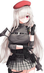 Rule 34 | 1girl, absurdres, assault rifle, beret, black gloves, checkered clothes, checkered skirt, closed mouth, crossed arms, fingerless gloves, g36c (girls&#039; frontline), g36c (red beret) (girls&#039; frontline), girls&#039; frontline, gloves, grey shirt, gun, h&amp;k g36, hair between eyes, hair over eyes, hand up, hat, headphones, highres, holster, long hair, looking at viewer, min1910, official alternate costume, purple eyes, rifle, shirt, silver hair, skirt, solo, standing, turtleneck, weapon, weapon on back, white background