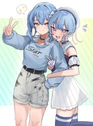 Rule 34 | 2girls, arm hug, bare shoulders, belt, beret, black belt, black choker, blue choker, blue eyes, blue hair, blue sweater, blue thighhighs, breasts, choker, clothes writing, dual persona, foot up, gloves, grey shorts, hair between eyes, hat, highres, hololive, hoshimachi suisei, hoshimachi suisei (old design), indie virtual youtuber, knees, looking at viewer, medium hair, miniskirt, multiple girls, open mouth, parted lips, pleated skirt, purple eyes, shorts, side ponytail, skindentation, skirt, small breasts, smile, sparkle, star (symbol), star in eye, sweater, symbol in eye, thighhighs, tomanesan, v, virtual youtuber, white gloves, white hat, white skirt, zettai ryouiki