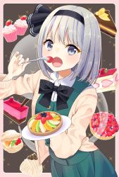 Rule 34 | 1girl, beige jacket, black bow, black hairband, black neckwear, blush, bob cut, border, bow, buttons, cake, collared shirt, commentary request, cream puff, dessert, eyelashes, fingernails, food, fork, green skirt, green vest, grey eyes, hairband, highres, holding, holding fork, holding plate, jacket, konpaku youmu, konpaku youmu (ghost), long sleeves, looking at viewer, open clothes, open jacket, open mouth, pie, plate, shirt, sidelocks, silver hair, skirt, solo, sparkle, standing, stigma1101, strawberry shortcake, touhou, upper body, vest, white shirt, wing collar