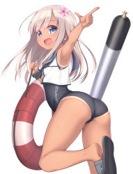 Rule 34 | 10s, 1girl, armpits, ass, blue eyes, blush, crop top, finger gun, flower, hair flower, hair ornament, highres, kantai collection, lifebuoy, long hair, looking at viewer, nullken, one-piece swimsuit, one-piece tan, open mouth, outstretched arm, ro-500 (kancolle), sailor collar, school swimsuit, school uniform, silver hair, simple background, slippers, smile, solo, swim ring, swimsuit, tan, tanline, torpedo, white background