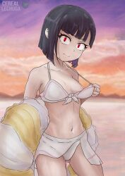 Rule 34 | 1girl, absurdres, artist logo, artist name, bikini, bikini pull, black hair, blunt bangs, blush, breasts, cerealxs, closed mouth, clothes pull, collarbone, cowboy shot, do it yourself!!, female focus, front-tie bikini top, front-tie top, highres, looking at viewer, nipples, outdoors, pulled by self, red eyes, sarong, short hair, small breasts, solo, suride miku, swimsuit, thighs, white bikini