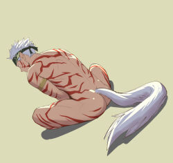 Rule 34 | 1boy, back turned, bara, body markings, completely nude, cyuss warren, green hairband, hairband, headband, itto (mentaiko), male focus, nude, on ground, pointy ears, simple background, star ocean, star ocean anamnesis, tail, white hair, white tail