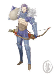 Rule 34 | 1boy, abs, bow, fire emblem, fire emblem: mystery of the emblem, full body, gauntlets, gloves, highres, image sample, jake (fire emblem), john dimayuga, male focus, nintendo, purple hair, simple background, solo, topless male