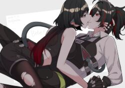 2girls animal_ears black_gloves black_hair black_pants black_pantyhose black_shirt black_shorts blush collared_shirt commentary_request dated english_text fingerless_gloves gloves grabbing_another&#039;s_ass gradient_hair grey_background grey_eyes groping hand_on_another&#039;s_neck highres holding_hands imminent_kiss interlocked_fingers jane_doe_(zenless_zone_zero) jouhou load_bearing_vest long_hair midriff mouse_ears mouse_tail multicolored_hair multiple_girls pants pantyhose ponytail red_eyes red_hair red_nails shirt shorts sleeveless sleeveless_shirt streaked_hair sweatdrop tail torn_clothes torn_pantyhose twitter_username white_shirt yuri zenless_zone_zero zhu_yuan