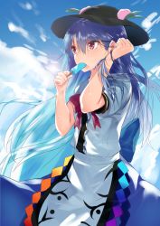 Rule 34 | 1girl, asuzemu, blue hair, blue skirt, blue sky, bow, clenched hand, cloud, cowboy shot, day, dress, eyelashes, food, food in mouth, fruit, hair blowing, hand in own hair, hat, hinanawi tenshi, holding, layered dress, leaf, long hair, looking to the side, peach, popsicle, puffy short sleeves, puffy sleeves, red bow, red eyes, short sleeves, skirt, sky, solo, sweat, touhou