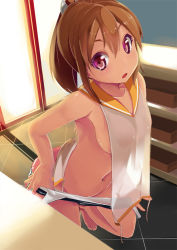 Rule 34 | 10s, 1girl, barefoot, breasts, brown hair, clothes pull, i-401 (kancolle), kantai collection, looking at viewer, md5 mismatch, midriff, navel, no bra, one-piece swimsuit pull, onikiri, pants, pants pull, ponytail, pulling own clothes, purple eyes, resolution mismatch, school swimsuit, see-through, short hair, sideboob, solo, source larger, swimsuit, undressing