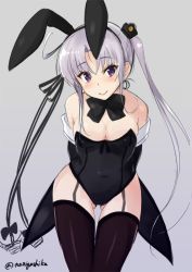 Rule 34 | 1girl, ahoge, akitsushima (kancolle), anchor, anchor hair ornament, animal ears, arms behind back, black bow, black bowtie, black leotard, black thighhighs, bow, bowtie, breasts, cleavage, commentary request, cowboy shot, detached collar, fake animal ears, garter straps, grey background, hair ornament, hair ribbon, hat, kantai collection, kochipu, leaning forward, leotard, long hair, looking at viewer, medium breasts, mini hat, one-hour drawing challenge, playboy bunny, purple eyes, purple hair, rabbit ears, rabbit tail, ribbon, side ponytail, sidelocks, simple background, solo, standing, strapless, strapless leotard, tail, thighhighs, twitter username, wrist cuffs