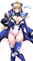 Rule 34 | 1girl, blonde hair, bow, breasts, cameltoe, cleavage, commission, gluteal fold, green eyes, groin, hair bow, halcon, highleg, highleg leotard, highres, large breasts, leotard, long hair, original, phantasy star, phantasy star online 2, ponytail, skeb commission, skindentation, solo, thigh gap, thighs, very long hair