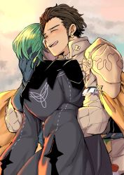 Rule 34 | 2boys, brown hair, byleth (fire emblem), byleth (male) (fire emblem), cape, claude von riegan, closed eyes, cloud, cloudy sky, fire emblem, fire emblem: three houses, from behind, gloves, green hair, hand on another&#039;s head, happy, highres, hug, jewelry, long sleeves, multiple boys, nintendo, nosuzatta, open mouth, short hair, sky, smile, upper body, yellow cape