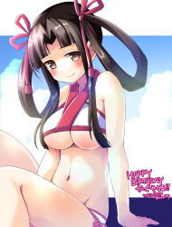 Rule 34 | 1girl, arm support, bikini, blush, breasts, brown eyes, brown hair, character request, hair ribbon, large breasts, looking at viewer, navel, ribbon, sitting, smile, solo, swimsuit, underboob, zinan777