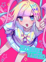 Rule 34 | 1girl, :d, arm up, blonde hair, blue bow, blue eyes, blue hair, blue shirt, blue skirt, blunt bangs, blush, bow, chouzetsusaikawa tenshi-chan, commentary request, hair bow, hair ornament, hand on own hip, heart, heart hair ornament, highres, index finger raised, long hair, long sleeves, looking at viewer, multicolored hair, needy girl overdose, open mouth, pink background, pink bow, pink hair, pleated skirt, purple bow, quad tails, sailor collar, school uniform, serafuku, shirt, shizumu (shi zumu), skirt, smile, solo, song name, standing, star (symbol), twintails, very long hair, wings, yellow bow