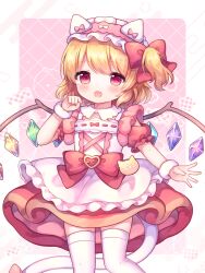 1girl :d alternate_costume apron blonde_hair blush bow coa_(chroo_x) commentary_request cowboy_shot crystal_wings dress enmaided flandre_scarlet frilled_apron frills fur_wrist_cuffs hair_bow hand_up highres knees maid maid_headdress multicolored_wings open_mouth puffy_short_sleeves puffy_sleeves red_bow red_dress short_hair short_sleeves side_ponytail smile solo tail thighhighs touhou waist_bow white_apron white_thighhighs white_wrist_cuffs wings wrist_cuffs