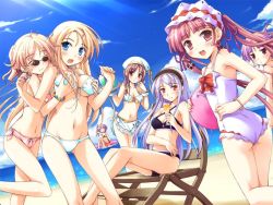 Rule 34 | 6+girls, :o, agnes boulange, ass, beach, bikini, blonde hair, blue eyes, blush, grabbing another&#039;s breast, breasts, carina verritti, chair, chelsea arcot, day, drink, earrings, flat chest, from behind, front-tie top, game cg, grabbing, groping, hairband, hat, jewelry, ko~cha, large breasts, legs, long hair, looking back, medium breasts, minette, multiple girls, nina lindberg, one-piece swimsuit, orange eyes, outdoors, pink eyes, pink hair, purple eyes, purple hair, ritos tortilla, salsa tortilla, short hair, short twintails, shukufuku no campanella, siblings, side ponytail, sisters, sitting, small breasts, smile, sunglasses, surprised, surprised arms, swimsuit, twintails, underboob, water, waving, yuri