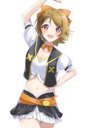 Rule 34 | 1girl, :d, arm up, black vest, blush, bow, brown bow, brown hair, collarbone, commentary request, crop top, hair between eyes, hair bow, hand on own hip, highres, koizumi hanayo, looking at viewer, love live!, love live! school idol project, midriff, navel, open mouth, parted bangs, pleated skirt, puffy short sleeves, puffy sleeves, red eyes, shirt, short sleeves, sin (sin52y), skirt, smile, solo, vest, white shirt, white skirt