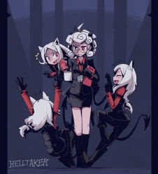 Rule 34 | 4girls, animal ears, armband, arms at sides, arms up, black gloves, black horns, black jacket, black legwear, black pants, black skirt, black tail, breasts, business suit, cerberus (helltaker), clipboard, closed mouth, coffee, coffee cup, coffee mug, collared shirt, cup, curly hair, demon girl, demon horns, demon tail, disposable cup, dog ears, dog girl, fang, fangs, formal, full body, glasses, gloves, helltaker, holding, holding clipboard, horns, jacket, long hair, long sleeves, medium breasts, medium hair, miniskirt, mug, multiple girls, open mouth, pandemonica (helltaker), pants, red eyes, red shirt, shirt, short hair, shuuzen (shu-zen), siblings, sisters, skirt, small breasts, standing, suit, sweat, sweatdrop, tail, triplets, waistcoat, white hair