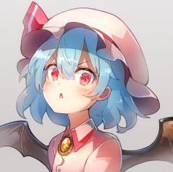 Rule 34 | 1girl, 60mai, :&lt;, bat wings, blue hair, blush, brooch, commentary request, dress, grey background, hair between eyes, hat, hat ribbon, jewelry, looking at viewer, parted lips, pink dress, pink hat, portrait, red eyes, red ribbon, remilia scarlet, ribbon, short hair, simple background, solo, touhou, triangle mouth, v-shaped eyebrows, wing collar, wings