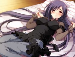 Rule 34 | 1girl, amakura, bed, blush, breasts, game cg, hair over one eye, long hair, lying, mikage (toppara), on back, pillow, purple hair, red eyes, solo, toppara, very long hair