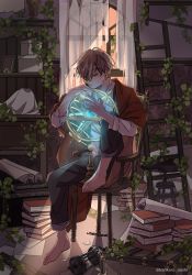 Rule 34 | 1boy, absurdres, armillary sphere, barefoot, black pants, blue eyes, book, box, broken glass, brown hair, closed mouth, commentary request, curtains, full body, glass, half-closed eyes, highres, huge filesize, indoors, kankara nashi, knee up, ladder, looking at viewer, male focus, hugging object, on chair, original, pants, pants rolled up, plant, scroll, shirt, short hair, sitting, sleeves rolled up, solo, stool, twitter username, vines, white shirt, window