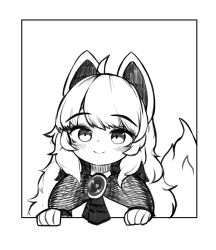 Rule 34 | 1girl, absurdres, animal ears, blush, brooch, closed mouth, greyscale, hh, highres, imaizumi kagerou, jewelry, long hair, looking at viewer, monochrome, simple background, smile, solo, tail, touhou, upper body, white background, wolf ears, wolf tail