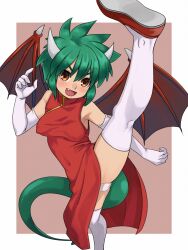 Rule 34 | :d, blush, border, breasts, brown eyes, cameltoe, china dress, chinese clothes, cleft of venus, draco centauros, dragon girl, dragon horns, dragon tail, dragon wings, dress, elbow gloves, fang, gloves, green hair, horns, medium breasts, no bra, open mouth, outside border, paid reward available, panties, puyopuyo, red dress, red footwear, shoes, sleeveless, sleeveless dress, smile, split, standing, standing on one leg, standing split, stupa13a, sweatdrop, tail, thighhighs, underwear, white border, white gloves, white panties, white thighhighs, wings