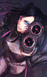 Rule 34 | 00s, 1girl, absurdres, aiming, aiming at viewer, aqua eyes, black hair, breasts, ergo proxy, eyeshadow, foreshortening, from above, gun, highres, long hair, makeup, perspective, re-l mayer, sai ichirou, shotgun, sketch, solo, weapon